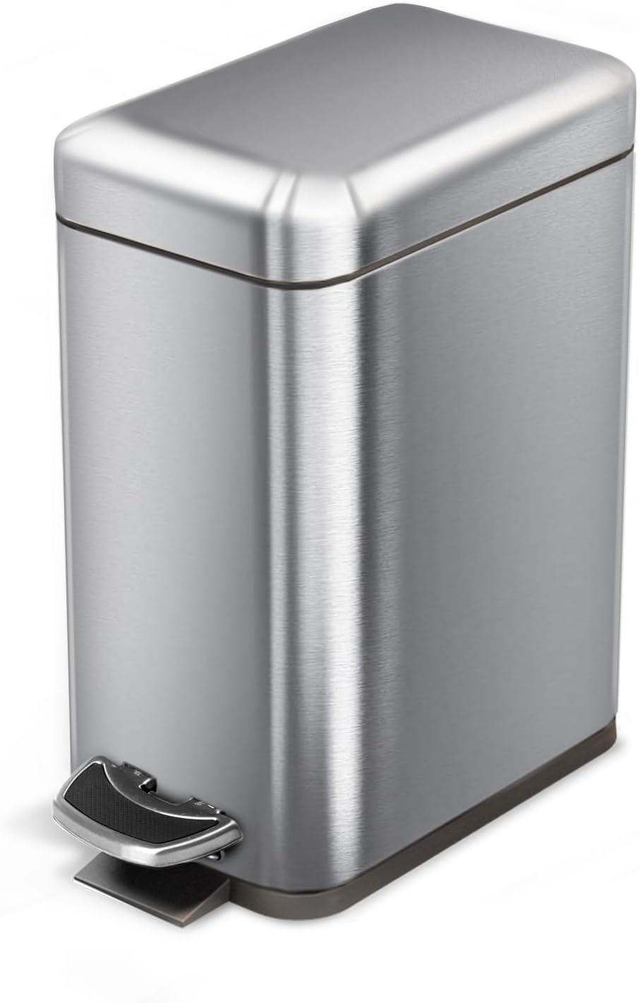 Home Zone Living 1.3 Gallon Small Bathroom Trash Can with Lid and Step Pedal. Stainless Steel Wastebasket with Slim Design for Home and Office. Silver. 5 Liters