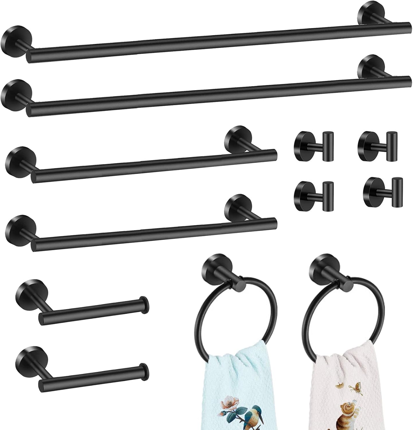 12 PCS Matte Black Round Towel Bar Set. Bathroom Towel Bar Set Include 24 inch.16 inch Towel Bar. Toilet Paper Holder. Towel Ring. Towel Hooks. Stainless Steel Bathroom Accessories Set