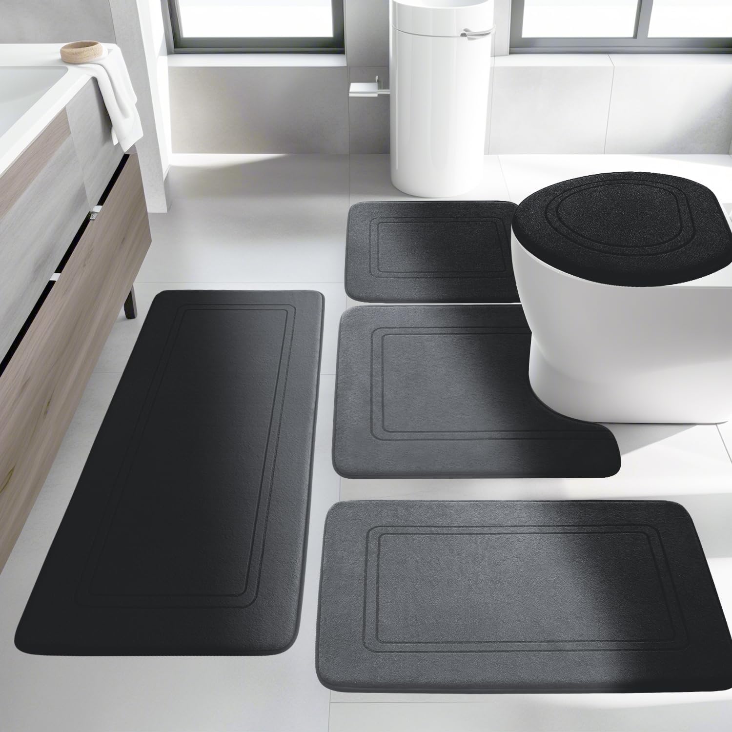 YIHOUSE Black Memory Foam Bath Mat Set. 5-Piece Non-Slip Absorbent Bath Rugs for Bathroom Floor. Quick-Dry Washable