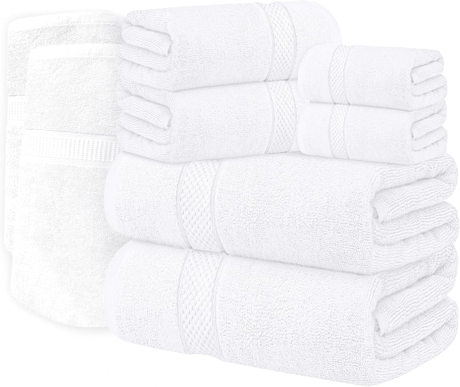 Oakias Premium Towel Set 600 GSM 8 Piece White - 100% Ring Spun Cotton Highly Absorbent Towels Set - Super Soft Bathroom Towel Set - Hotel Quality Double Stitched Hem - Ideal for Hotels. Spa. Gyms