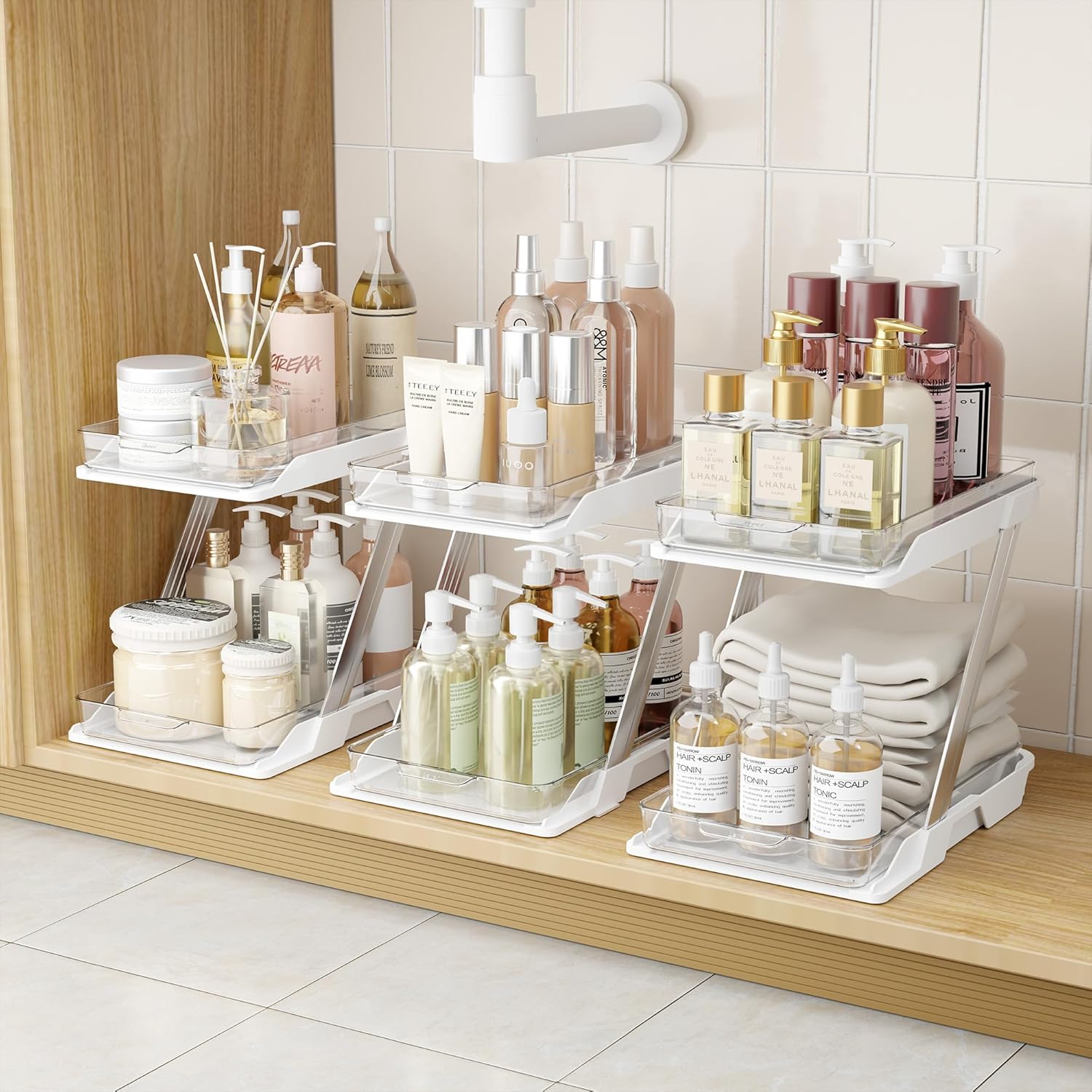 3 Pack Bathroom Organizers and Storage - Multi-Purpose.2-Tier Clear Pull Out Organization for Bathroom.Under Sink.Kitchen.Vanity.Countertop.Cabinet.Pantry & Medicine Cabinet.White